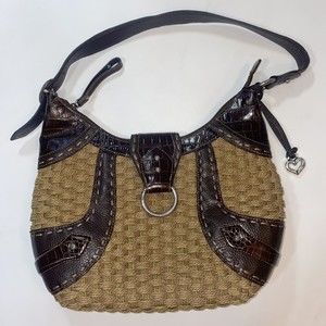 Brighton Brown Tan Leather Woven Straw Jute Shoulder Bag Silver Heart